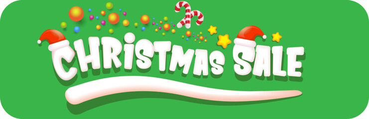 Wall Mural - cartoon christmas sale horizontal banner with lighting stars, candies, lollipops, snow, santa red hat and christmas lights isolated on green background. Cartoon kids style sale label sticker button