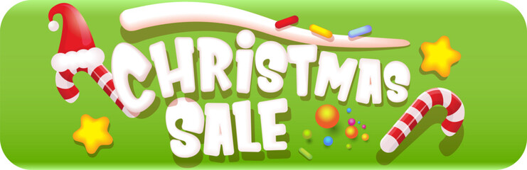 Wall Mural - cartoon christmas sale horizontal banner with lighting stars, candies, lollipops, snow, santa red hat and christmas lights isolated on green background. Cartoon kids style sale label sticker button
