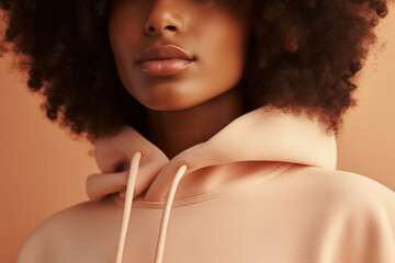 macro shot close up detail of a black woman in peach fuzz color sweatshirt and joggers on a pastel peach background, color of the year 2024