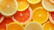 A plastic straw is present in a top view of tropical exotic citrus fruits that include half a grapefruit, tangerine, and orange slices.