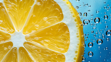 Bright blue background with a yellow juicy lemon slice in water. Citrus texture and water bubbles close-up. Colorful wallpaper. Food, fruit, vitamins, lemonade. Freshness. Graphic design element