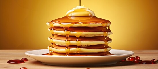 Aufkleber - delicious pancakes in a stack with melting butter and maple syrup. Copyspace image. Square banner. Header for website template