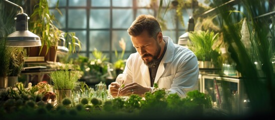 Aufkleber - Botanist scientist man in white lab coat working on experimental plant plots male biological researcher shoveling doing science experiment with plant in greenhouses Biology and Agricultural Sci
