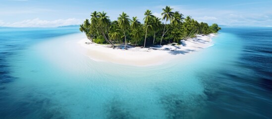Poster - Aerial top view on sand beach Tropical beach with white sand turquoise sea palm trees under sunlight Drone view luxury travel destination scenic vacation landscape Amazing nature paradise islan