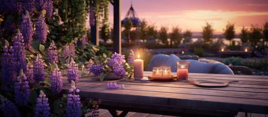 Wall Mural - Elegant gorgeous wedding table decor or romantic dinner arrangement outdoors in blooming field Purple lupine flowers candles fruits and wine wooden vintage furniture Sunset summer golden hour