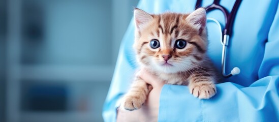 Aufkleber - Banner Veterinarian doctor with small gray Scottish kitten in his arms in medical animal clinic Copyspace for text. Copyspace image. Square banner. Header for website template