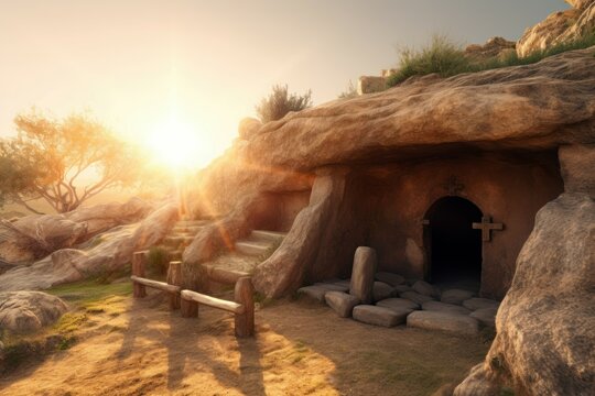 Empty rocky Jesus tomb. Holy god cavern entrance in morning light. Generate ai