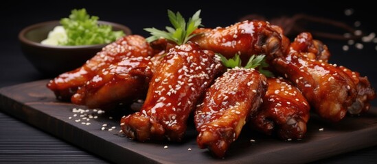 Poster - baked barbecue chicken wings with white sesame. Copyspace image. Square banner. Header for website template