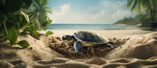 Poster - Detail of the exact moment in which a female of green turtle Chelonia mydas burying many freshly laid eggs on a beach of the Poilao island in the Atlantic ocean. Copyspace image. Square banner
