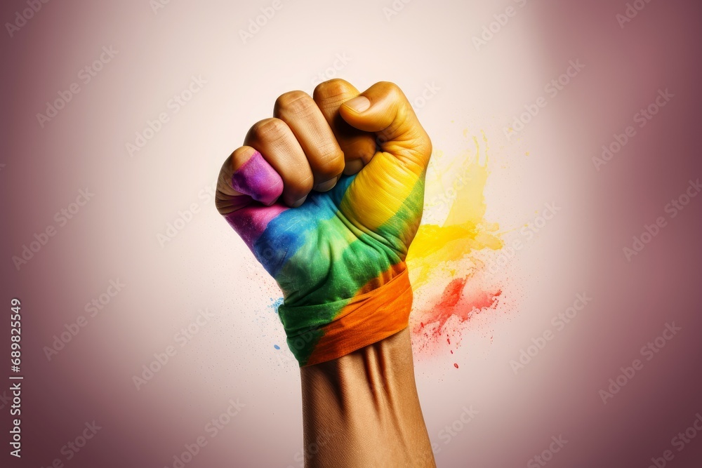 Raised fist colored with rainbow powder. Fight for pride diversity ...