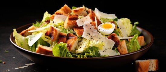 Aufkleber - Caesar salad with grilled chicken breast hard boiled egg croutons parmesan cheese green salad lettuce and dressing. Copyspace image. Square banner. Header for website template