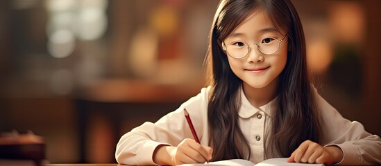 Aufkleber - asian girl studying in the living room writing with notebook and pencil. Copyspace image. Square banner. Header for website template