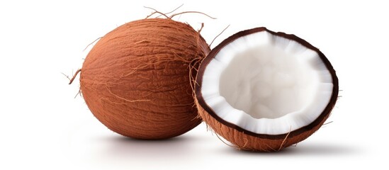 Aufkleber - Coconut with half and leaves on white background. Copyspace image. Square banner. Header for website template