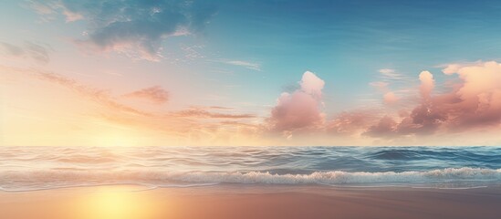 Poster - Closeup sea sand waves Panoramic beach landscape Inspire tropical beach seascape horizon Orange and golden sunset sky calmness tranquil relaxing sunlight summer peace Meditation inspire vacatio