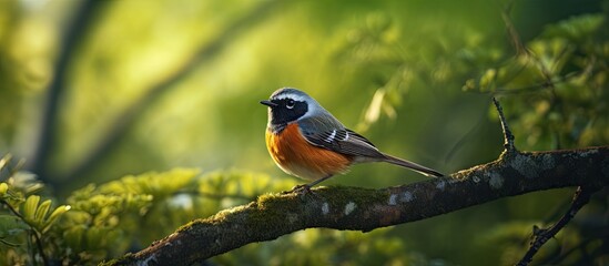 Poster - Cute fluffy male Daurian Redstart in forest. Copyspace image. Square banner. Header for website template