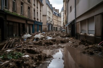 Wall Mural - Flooding Parisian street ruins. Inundated architecture with building debris in water. Generate ai