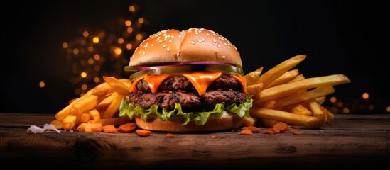 Poster - Classic Double Bacon Cheese Smash Burger with a Side of Sweet Potato Fries. Copyspace image. Square banner. Header for website template