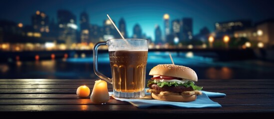 Poster - burger pub outdoor table night time cocktail. Copyspace image. Square banner. Header for website template