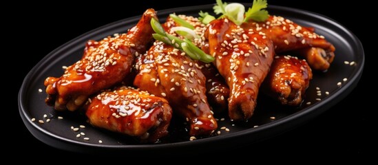 Poster - baked barbecue chicken wings with white sesame. Copyspace image. Square banner. Header for website template