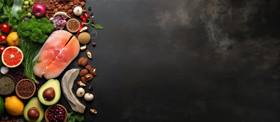Poster - Balanced diet food background Organic food for healthy nutrition superfoods Meat fish legumes nuts seeds greens oil and vegetables Top view on dark stone table. Copyspace image. Square banner