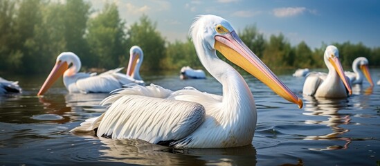 Poster - Danube delta wild life birds a group of pelicans gracefully gliding across the water showcasing the beauty of nature biodiversity Conservation. Copyspace image. Square banner