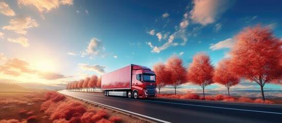 Poster - A big driving fast truck with a red trailer and other cars on a countryside road with autumn trees against a blue sky with a sunset. Copyspace image. Square banner. Header for website template