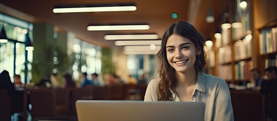 Poster - Education university and happy woman in library with laptop research and books for school project or exam Smile internet and college phd student studying with technology and elearning on campus
