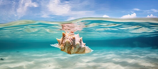 Poster - A conch Lobatus gigas lays in shallow water near the sandy beach of a cay off Belize This species of mollusk is common throughout the Caribbean Sea but is being overfished in many areas