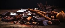 Broken Chocolate Bar And Spices On Wooden Table Selective Focus. Copyspace Image. Square Banner. Header For Website Template