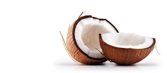 Aufkleber - Coconut with half and leaves on white background. Copyspace image. Square banner. Header for website template