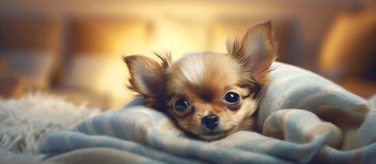 Poster - a small dog lies on a woolen blanket on the bed. Copyspace image. Square banner. Header for website template