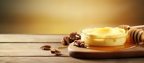 Aufkleber - Butter board food trend butter spread on wooden board with sweet toppings of honey and pecans. Copyspace image. Square banner. Header for website template