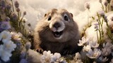 Fototapeta  - Groundhog Day, a groundhog crawled out from under the snow in sunny weather.