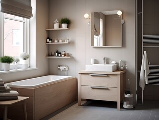 A cozy and elegant bathroom with a spacious tub, modern sink, and beautiful cabinetry, complete with a reflective mirror, stylish faucet, and intricate bathroom accessories, all illuminated by natura