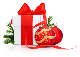 Poster - White gift box tied red ribbon bow, Christmas baubles and fir tree branch isolated on a white background