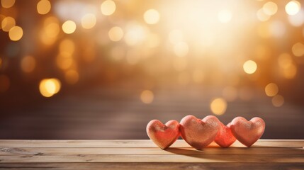 Wall Mural - Close up of red heart on wooden table against defocused bokeh light background. Love, valentine's day concept.