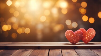 Wall Mural - Close up of red heart on wooden table against defocused bokeh light background. Love, valentine's day concept.