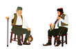 Traditional wear folklore Serbia old man sitting on chair with stick vector illustration isolated. Balkan culture grandfather veteran warrior vintage heritage dress listening guslar play gusle music. 