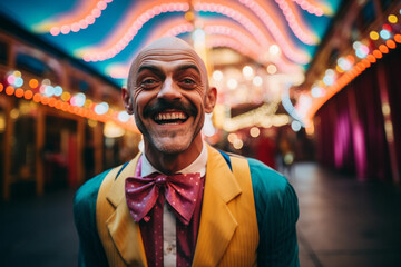 Wall Mural - Comedic portrait of a man with a hugely exaggerated smile and bright, twinkling eyes