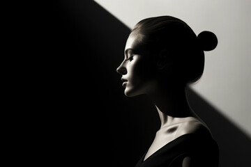 Wall Mural - Minimalist black and white portrait, high contrast, interplay of light and shadow, strong geometric shapes, profile view