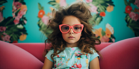 Wall Mural - child with oversized glasses that magnify the eyes comically, bright, airy lighting
