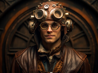 Wall Mural - steampunk pilot, leather helmet with brass details, standing before a propeller aircraft