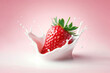 Strawberry in milk splash isolated on pink background. ai generative