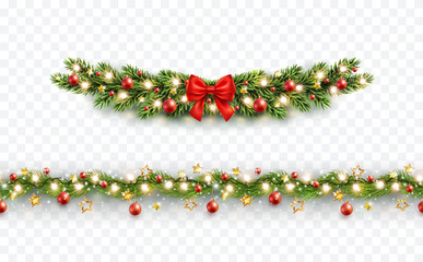 christmas tree border with green fir branches, red bow, balls, gold lights isolated on transparent b