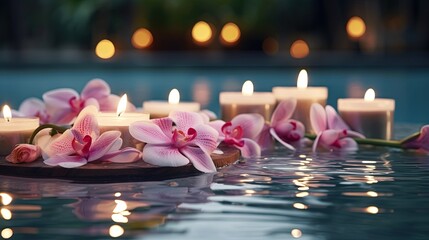 Wall Mural - Flowers and candles at the pool of a luxury resort