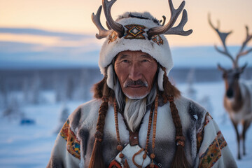 Wall Mural - Portrait of a Sami reindeer herder, bright traditional clothing, antler headpiece, amidst a snowy Lapland landscape