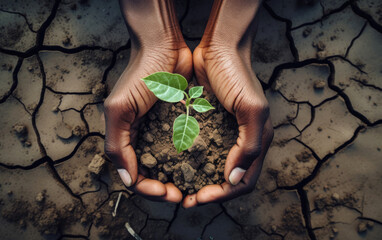 Hands holding a seedling, background of drought land cracked