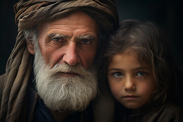 Wall Mural - elder's weathered, expressive face on one side, and a child's innocent, smooth face on the other