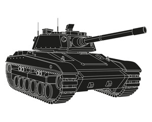 Wall Mural - Main battle tank black doodle. Armored fighting vehicle. Special military transport. Detailed vector illustration isolated on white background.