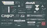 Fototapeta  - Cyberpunk decals set. Set of vector stickers and labels in futuristic style. Warning signs, futuristic Inscriptions and technical symbols. Japanese hieroglyphs  Caution, sensitive electronic devices